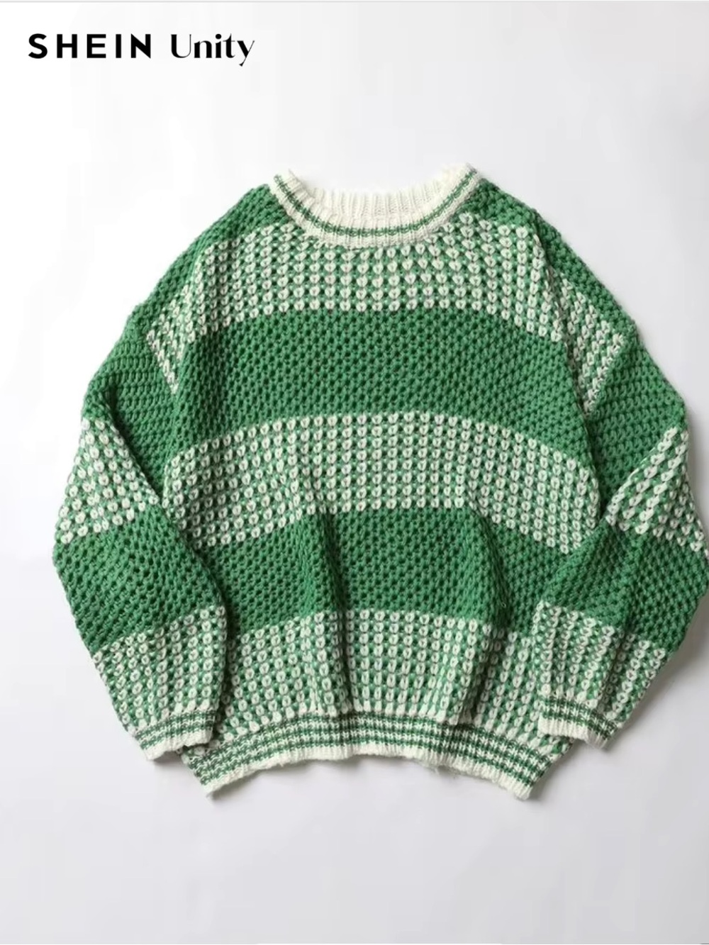 SHEIN Green & Cream Striped Crochet Crew Neck Sweater